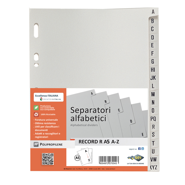 Separatore alfabetico A/Z Record R - PP - 15x21 cm - A5 - grigio - Sei Rota