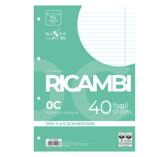 Ricambi forati Quaxima - A4 - 1 rigo c/margine - 80 gr - Pigna - conf. 40 pezzi