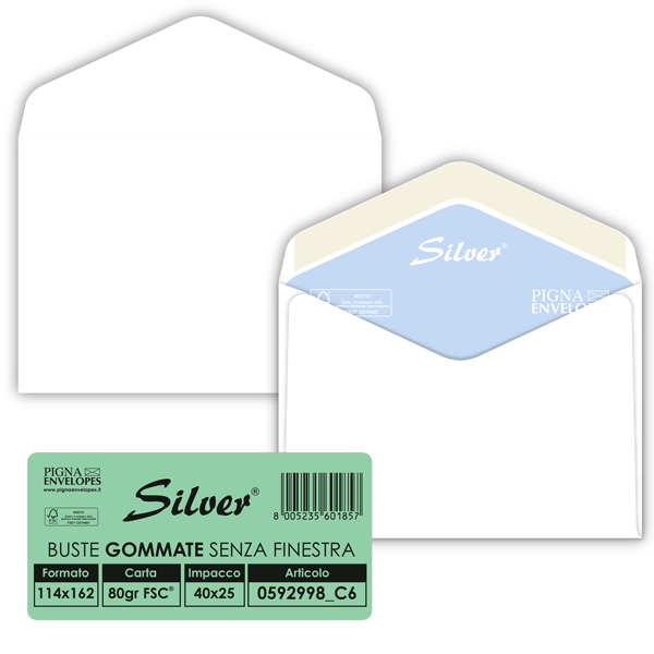 Busta Busta Silver Matic FSC - senza finestra - gommata - 11,4 x 16,2 cm - 80 gr - bianco - Pigna Envelopes - conf. 25 pezzi