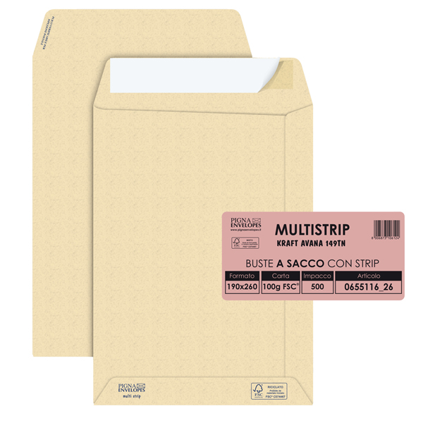 Busta a sacco Multi Strip - strip adesivo - 19 x 26 cm - 100 gr - carta riciclata FSC - avana - Pigna Envelopes - conf. 500 pezzi