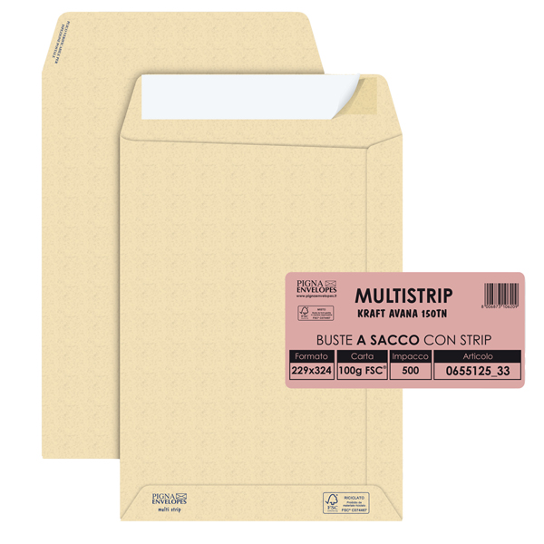 Busta a sacco Multi Strip - strip adesivo - 23 x 33 cm - 100 gr - carta riciclata FSC - avana - Pigna Envelopes - conf. 500 pezzi