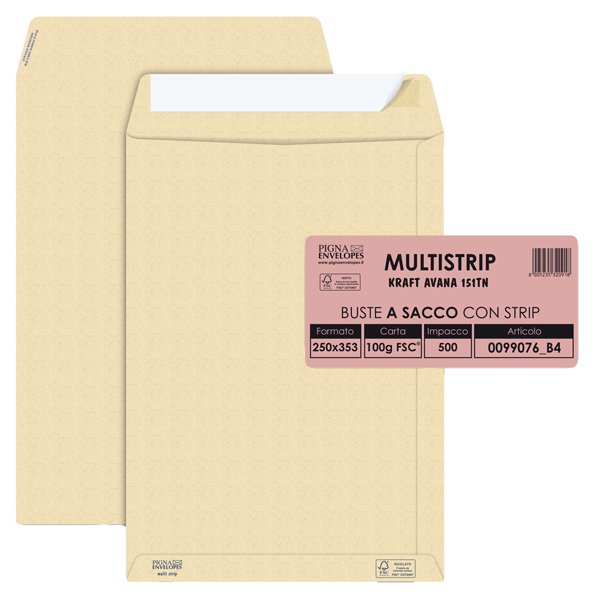 Busta a sacco Multi Strip - strip adesivo - 25 x 35,3 cm - 100 gr - carta riciclata FSC - avana - Pigna Envelopes - conf. 500 pezzi
