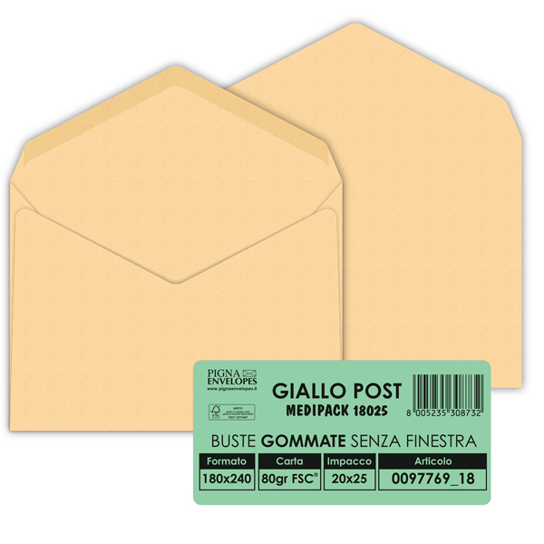 Busta Giallo Postale - gommata - 18 x 24 cm - 80 gr - carta riciclata FSC - giallo - Pigna Envelopes - conf. 25 pezzi