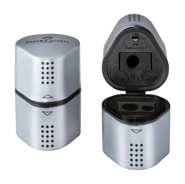 Temperamatite Grip 2001 con contenitore - 3 fori - silver - con doppio serbatoio - Faber-Castell