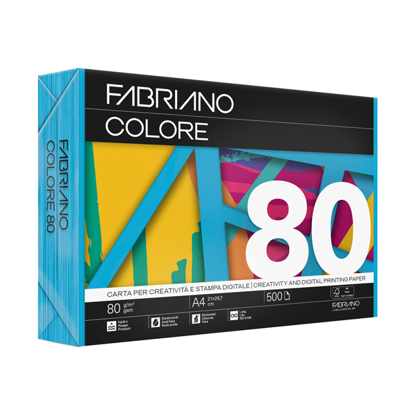 Carta Fabriano Colore - A3 - 80 gr - colori forti azzurro - Fabriano - conf. 250 fogli