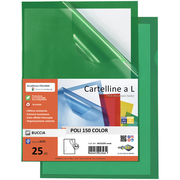 Cartellina a L - Poli 150 Color - PP - 21 x 29,7 cm - trasparente verde - buccia - Sei Rota - conf. 25 pezzi