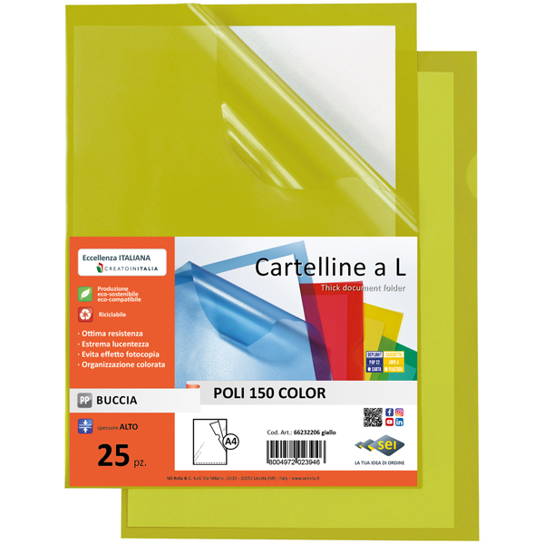 Cartellina a L - Poli 150 Color - PP - 21 x 29,7 cm - trasparente giallo - buccia - Sei Rota - conf. 25 pezzi