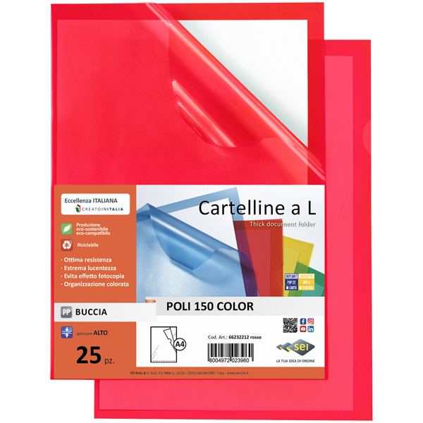 Cartellina a L - Poli 150 Color - PP - 21 x 29,7 cm - trasparente rosso - buccia - Sei Rota - conf. 25 pezzi