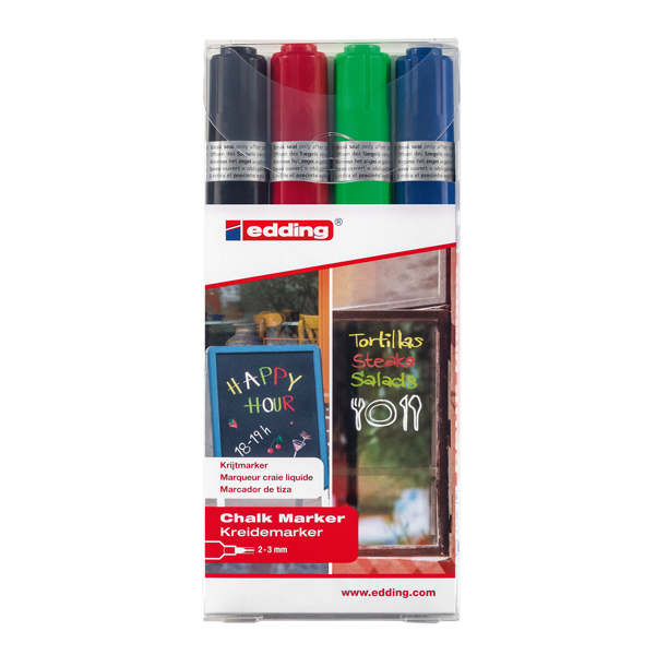 Marcatore a gesso liquido 4095 - punta tonda - da 2 a 3mm - colori assortiti - Edding - astuccio 4 pezzi