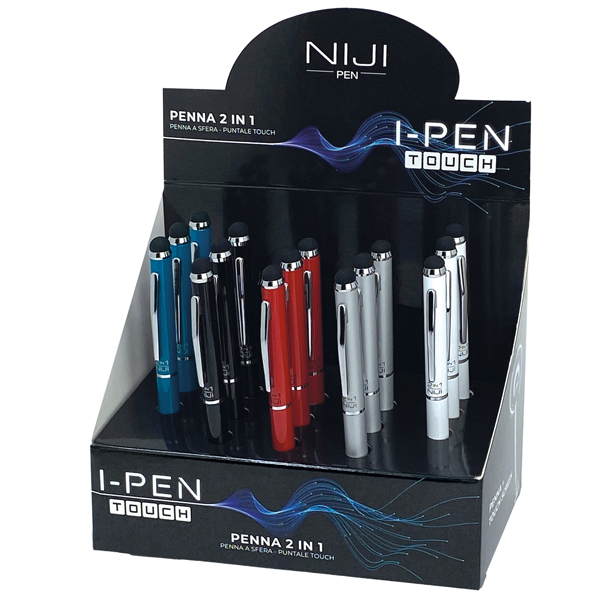 Penna a sfera mini I-PEN 2 in1 - puntale touch - colori assortiti - Lebez - expo 15 pezzi