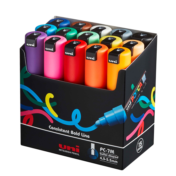 Marcatore a base d'acqua Uni Posca PC7M - punta tonda large 4,5 mm-5,5mm - colori assortiti - Uni mitsubishi - astuccio 15 pezzi