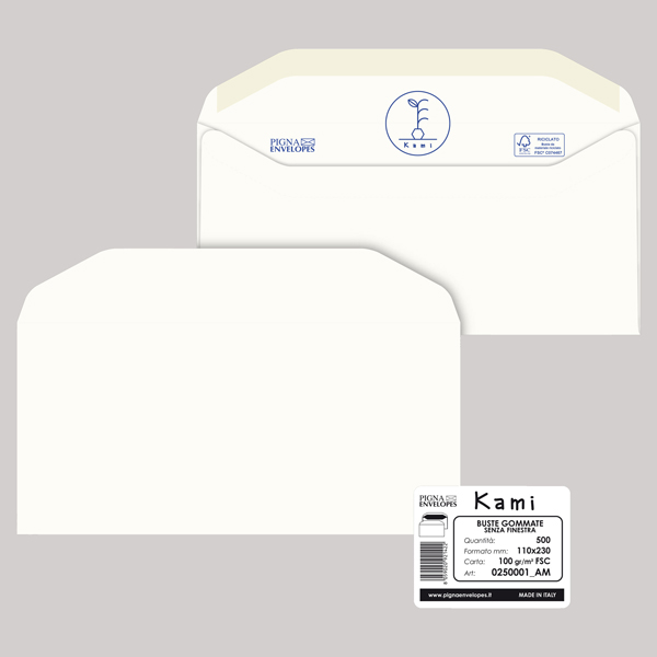 Busta Kami Gommata - senza finestra - 11 x 23 cm - 100 gr - carta riciclata FSC - bianco - Pigna Envelopes - conf. 500 pezzi