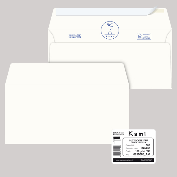 Busta a sacco Kami Strip - senza finestra - 11 x 23 cm - 100 gr - carta riciclata FSC - bianco - Pigna Envelopes - conf. 500 pezzi