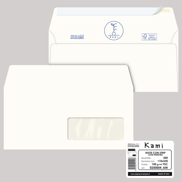 Busta a sacco Kami Strip - con finestra - 11 x 23 cm - 100 gr - carta riciclata FSC - bianco - Pigna Envelopes - conf. 500 pezzi