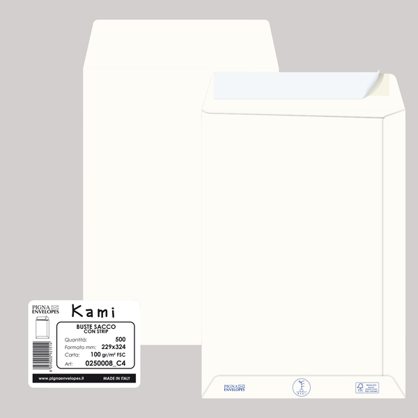 Busta a sacco Kami Strip - 22,9 x 32,4 cm cm - 100 gr - carta riciclata FSC - bianco - Pigna Envelopes - conf. 500 pezzi