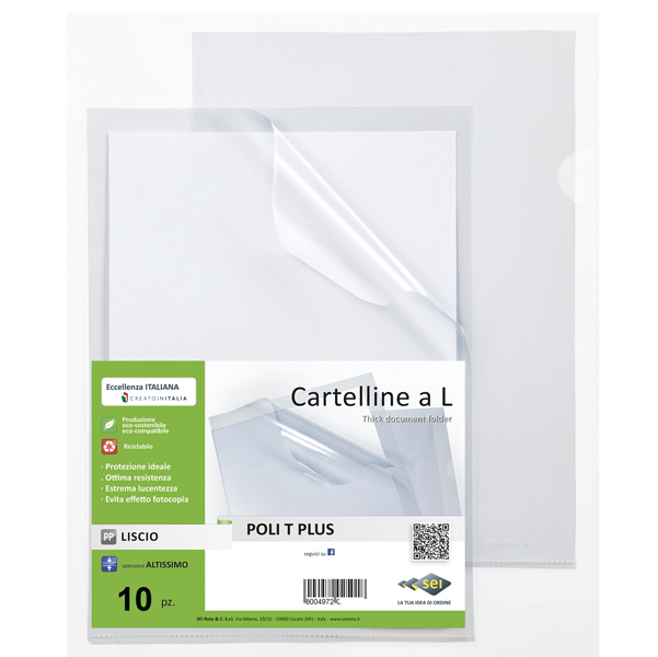 Cartellina a L - Poli T Plus - PP - 30 x 42 cm - trasparente liscio - Sei rota - conf.10 pezzi