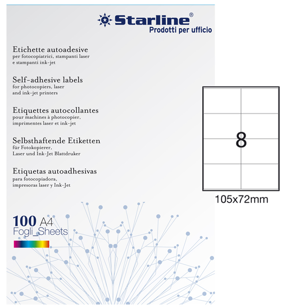 Etichette adesive - in carta - permanenti - 105 x 72 mm - 8 et/fg - 100 fogli - bianco - Starline