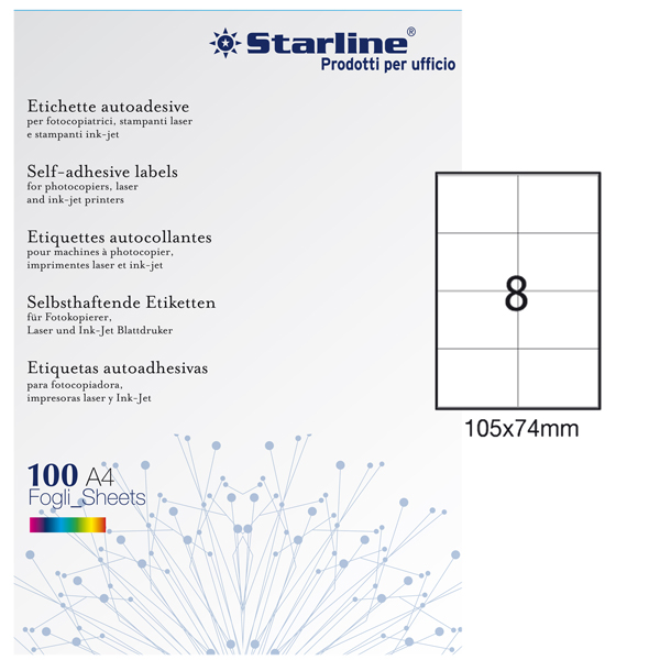 Etichette adesive - in carta - permanenti - 105 x 74 mm - 8 et/fg - 100 fogli - bianco - Starline