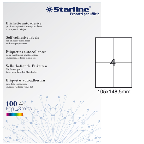 Etichette adesive - in carta - permanenti - 105 x 148,5 mm - 4 et/fg - 100 fogli - bianco - Starline