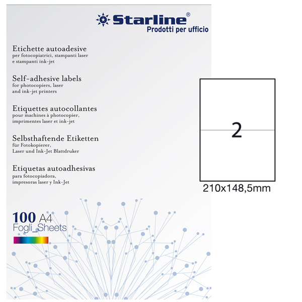 Etichette adesive - in carta - permanenti - 210 x 148,5 mm - 2 et/fg - 100 fogli - bianco - Starline