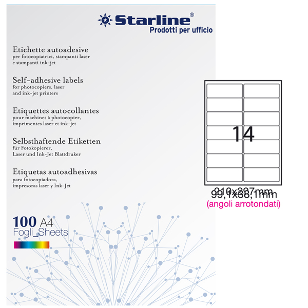 Etichette adesive - in carta - angoli arrotondati - permanenti - 99,1 x 38,1 mm - 14 et/fg - 100 fogli - bianco - Starline