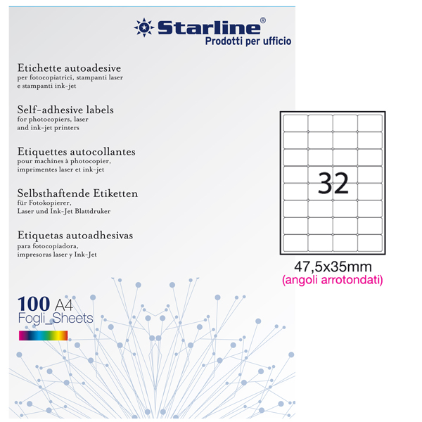 Etichette adesive - in carta - angoli arrotondati - permanenti - 47,5 x 35 mm - 32 et/fg - 100 fogli - bianco - Starline