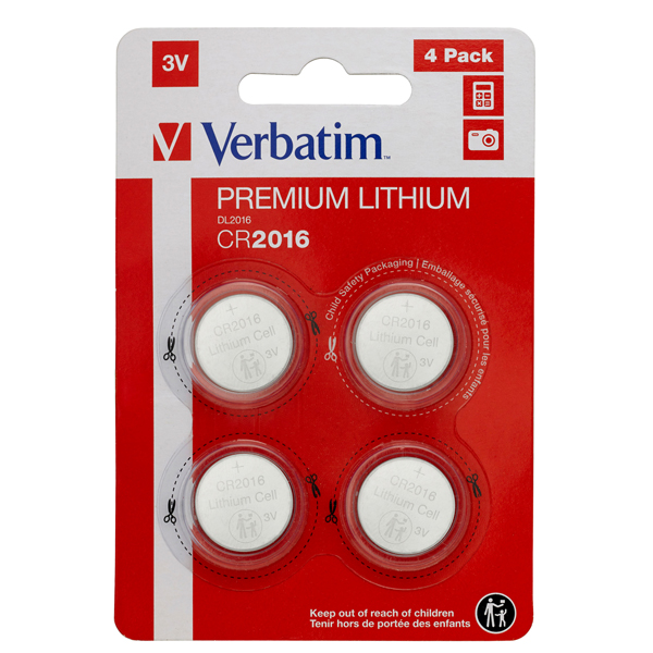 Micropile CR2016 - 3V - a pastiglia - litio - Verbatim - blister 4 pezzi