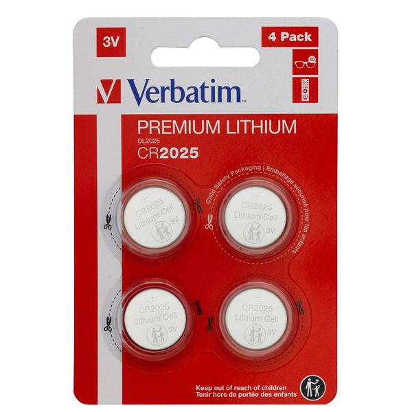 Micropile CR2025 - 3V - a pastiglia - litio - Verbatim - blister 4 pezzi