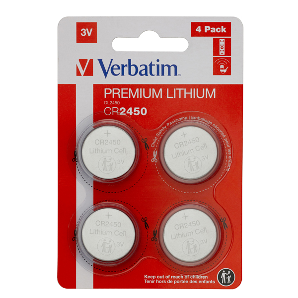 Micropile CR2450 - 3V - a pastiglia - litio - Verbatim - blister 4 pezzi
