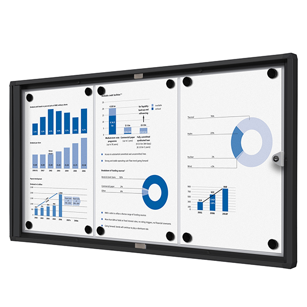 Bacheca per interni - con ante battenti - 3 fogli A4 - cornice nera - orizzontale - Showdown