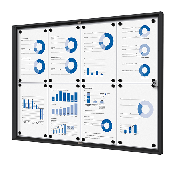 Bacheca per interni - con ante battenti - 8 fogli A4 - cornice nera - orizzontale - Showdown