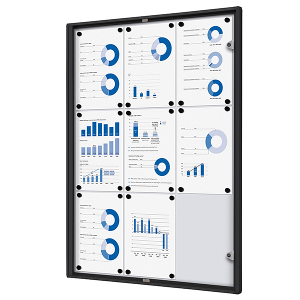 Bacheca per interni - con ante battenti - 9 fogli A4 - cornice nera - verticale - Showdown