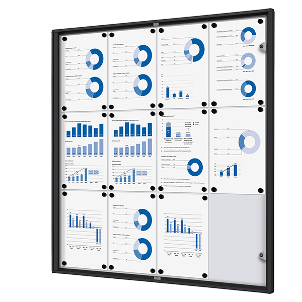 Bacheca per interni - con ante battenti - 12 fogli A4 - cornice nera - verticale - Showdown